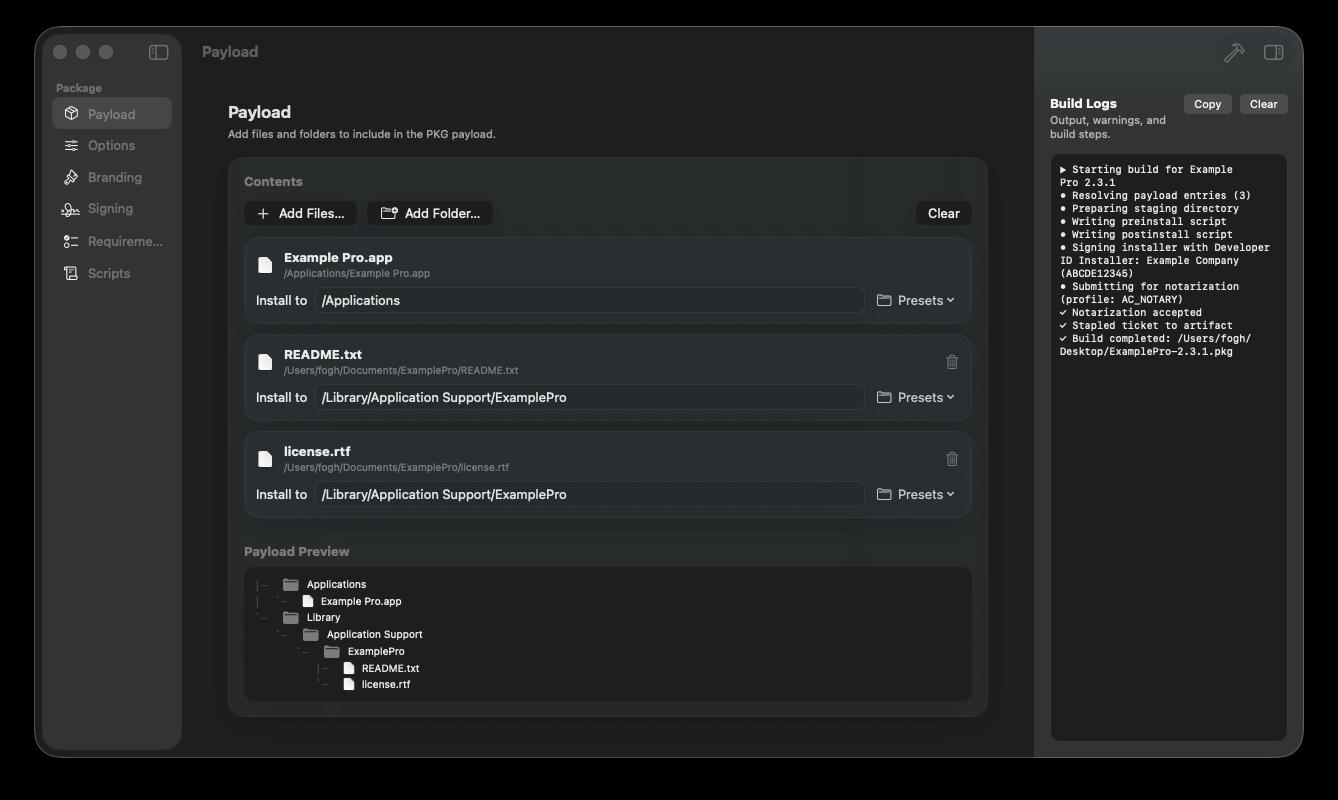 PKGSmith project window in a macOS-style frame